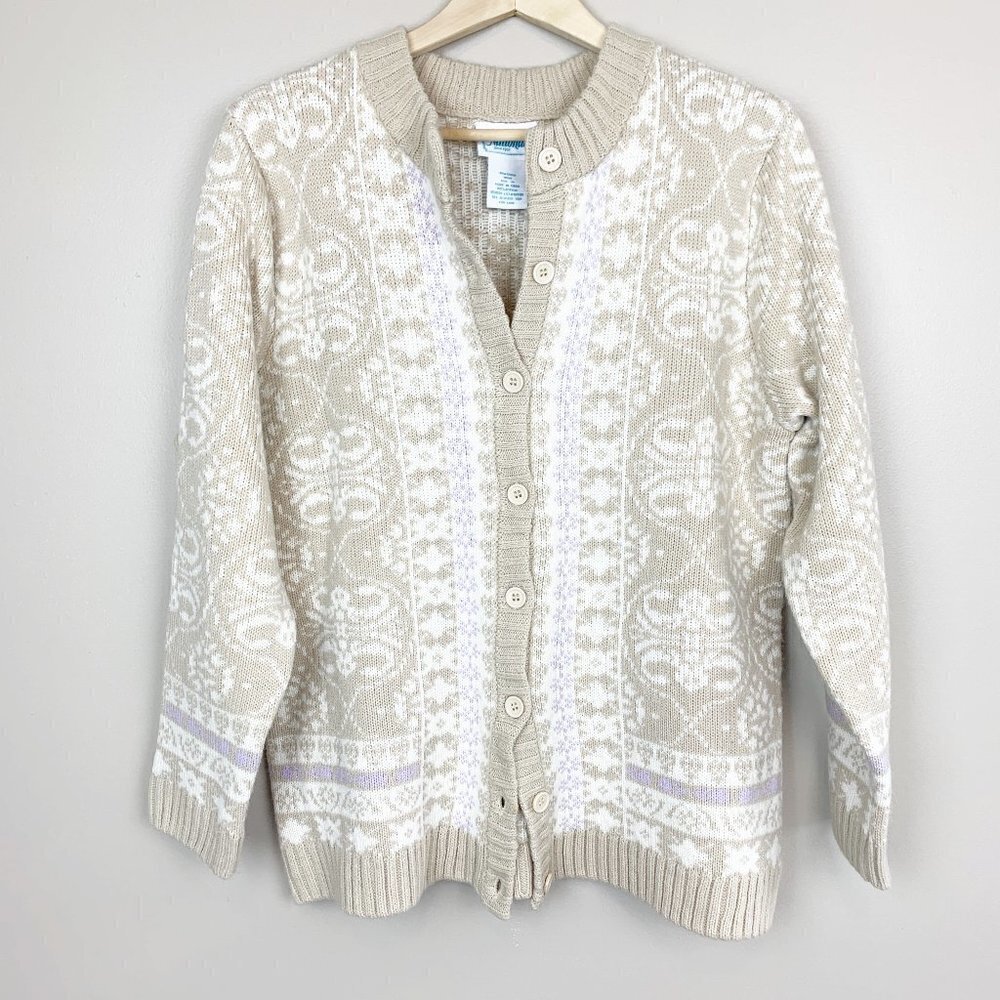 National Fair Isle Oatmeal and Purple Cardigan Sweater Size Large